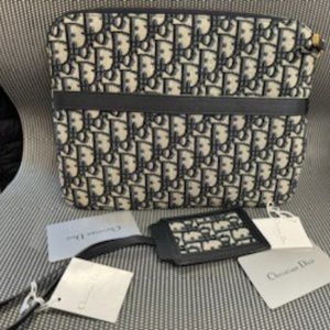 Dior Navy Blue Oblique Canvas and Leather Travel Pouch